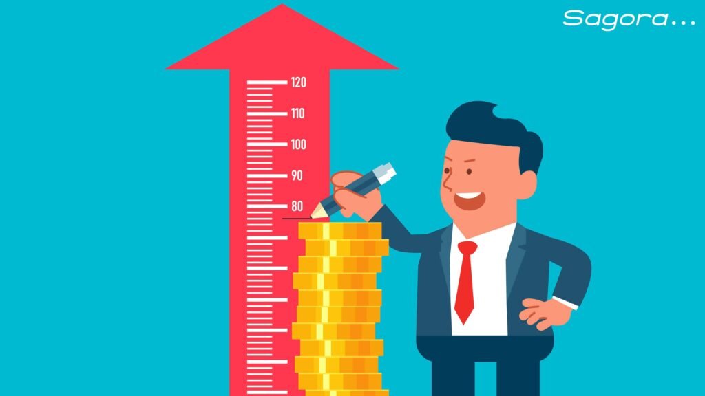 Illustration of a smiling man in a suit and red tie beside a pile of gold coins. He is writing on a large vertical ruler with a red arrow pointing upwards, representing the cost level of a business. The background is blue, with "Sagora..." in the top right-hand corner.