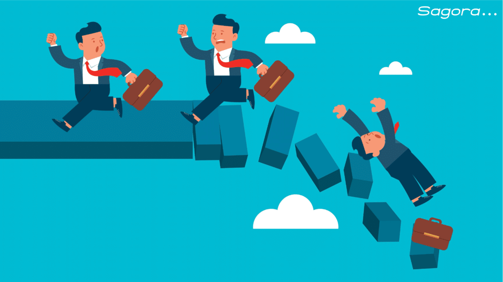 Three businessmen in suits and red ties run across a disappearing cinderblock bridge. One of them falls, losing his briefcase, and is carried off by a black swan, while the other two run on, symbolising the risk of the market. The background is a blue sky with clouds. The word "Sagora" appears in the top right-hand corner.