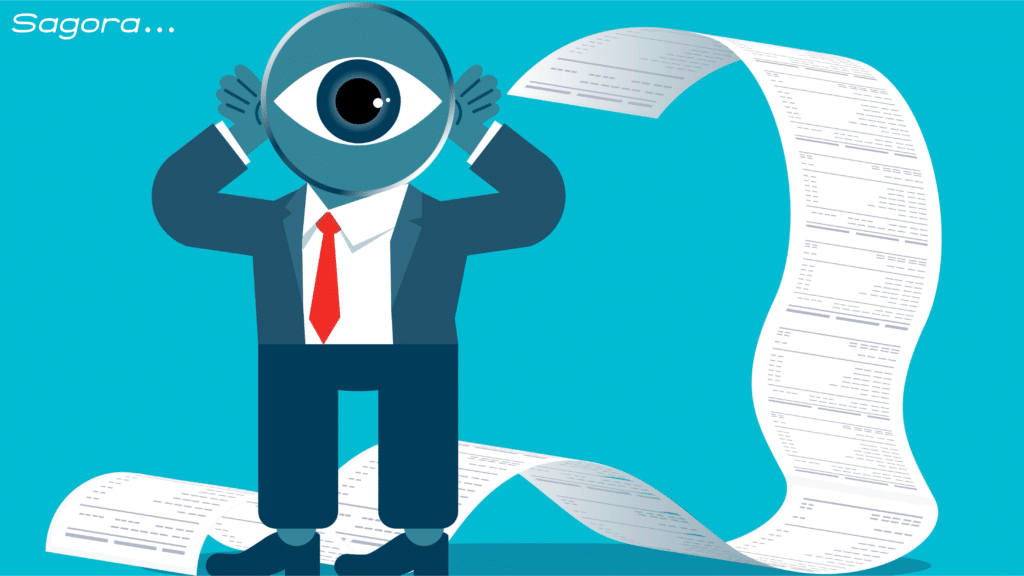 A person in a suit, with an oversized eye as a head, hands over ears, standing next to a long, winding document entitled "State Bonds". The text "Sagora..." is inscribed in the upper left-hand corner of the teal-coloured background.
