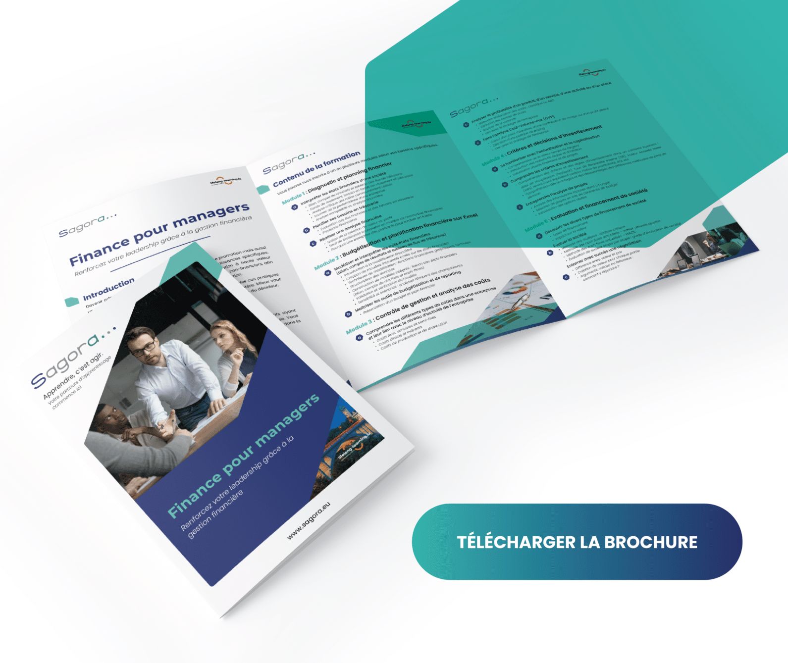 A promotional image shows a trifold brochure with the text "Finance for Managers" by Sagora. The professional layout features images of people in a professional context, and a prominent button indicates "Download the brochure". Practical information about the course, which will be held in Luxembourg from October 2024 to April 2025, is also included.